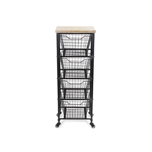HomeRoots 41" Stylish Black Metal and Weathered Wood Rolling Storage Cabinet with 4 Baskets for Organizing 488862
