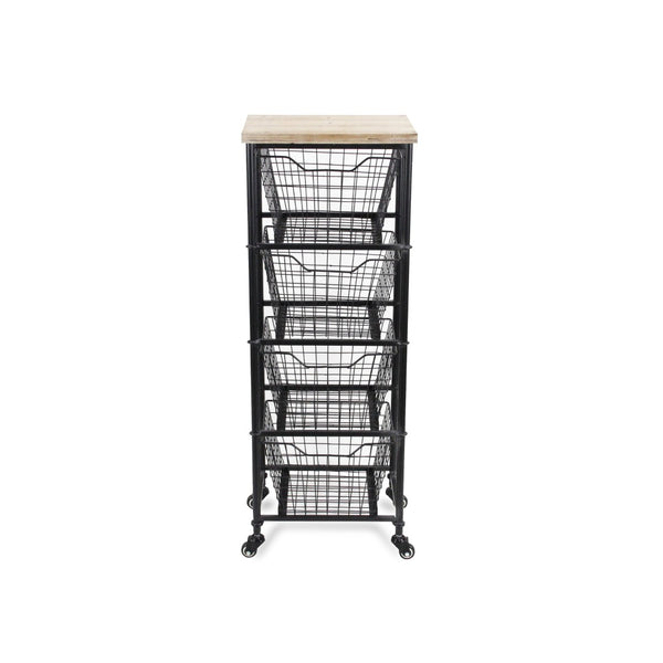HomeRoots 41" Stylish Black Metal and Weathered Wood Rolling Storage Cabinet with 4 Baskets for Organizing 488862