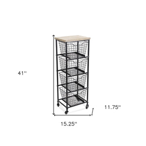 HomeRoots 41" Stylish Black Metal and Weathered Wood Rolling Storage Cabinet with 4 Baskets for Organizing 488862