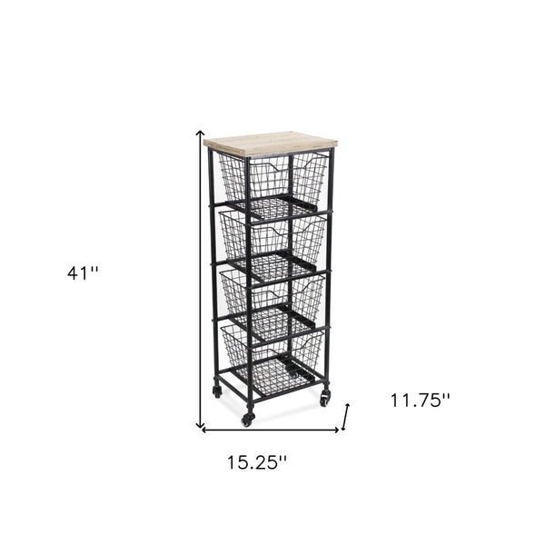 HomeRoots 41" Stylish Black Metal and Weathered Wood Rolling Storage Cabinet with 4 Baskets for Organizing 488862