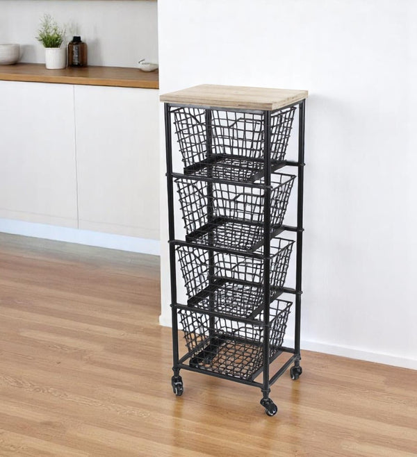 HomeRoots 41" Stylish Black Metal and Weathered Wood Rolling Storage Cabinet with 4 Baskets for Organizing 488862