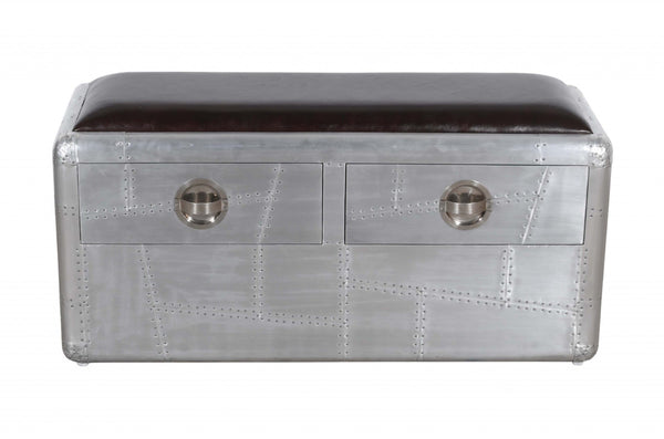 HomeRoots 44" Black and Silver Upholstered Storage Bench - Stylish Leather Seat with Drawers for Modern Spaces 488864