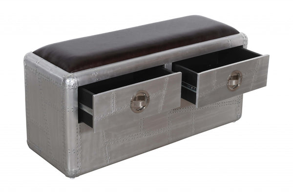 HomeRoots 44" Black and Silver Upholstered Storage Bench - Stylish Leather Seat with Drawers for Modern Spaces 488864