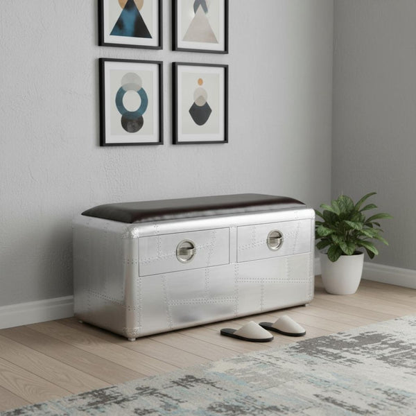 HomeRoots 44" Black and Silver Upholstered Storage Bench - Stylish Leather Seat with Drawers for Modern Spaces 488864