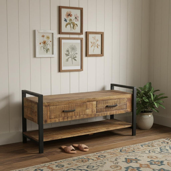 HomeRoots 46" Rustic Industrial Solid Wood Storage Bench with Drawers – Stylish Seating & Hidden Organization 488865