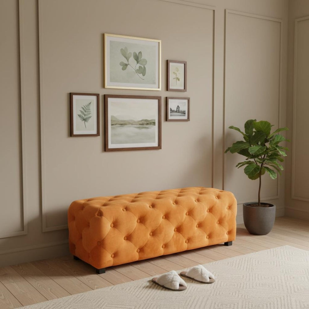 HomeRoots 50" Stylish Orange Velvet Bench with Dark Brown Wood Base - Modern Tufted Accent for Any Space 488866