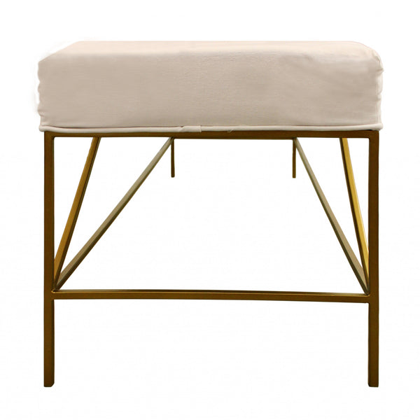 Homeroots 58" Ivory And Gold Upholstered Linen Bench  Metal 488867