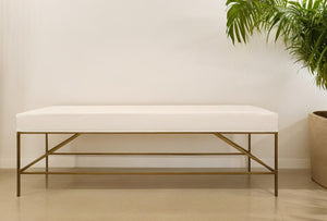 Homeroots 58" Ivory And Gold Upholstered Linen Bench  Metal 488867