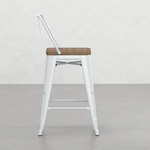 English Elm Keeley 24in Metal and Solid Elm Wood Counter Stools Set of 4 — Curved Backs, Footrests, Durable Finish White B2732P253613