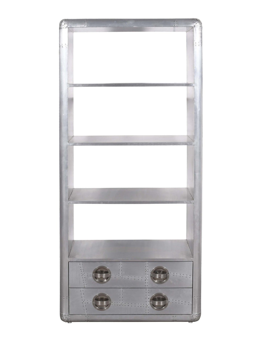 HomeRoots 71" Silver Aluminum Four-Tier Bookcase with Drawers - Modern Storage Solution for Home & Office 488870