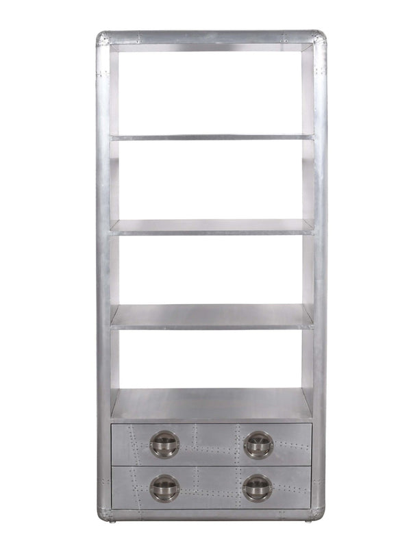 HomeRoots 71" Silver Aluminum Four-Tier Bookcase with Drawers - Modern Storage Solution for Home & Office 488870