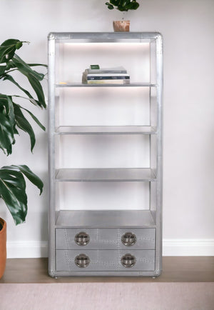 HomeRoots 71" Silver Aluminum Four-Tier Bookcase with Drawers - Modern Storage Solution for Home & Office 488870