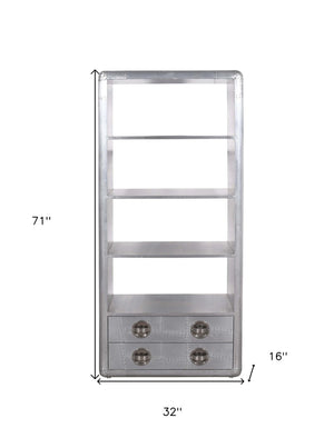 HomeRoots 71" Silver Aluminum Four-Tier Bookcase with Drawers - Modern Storage Solution for Home & Office 488870