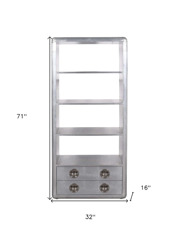 HomeRoots 71" Silver Aluminum Four-Tier Bookcase with Drawers - Modern Storage Solution for Home & Office 488870