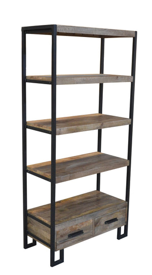 HomeRoots 71" Brown Distressed Solid Wood Etagere Bookcase - Four Tier Shelves & Two Drawers for Stylish Storage 488872