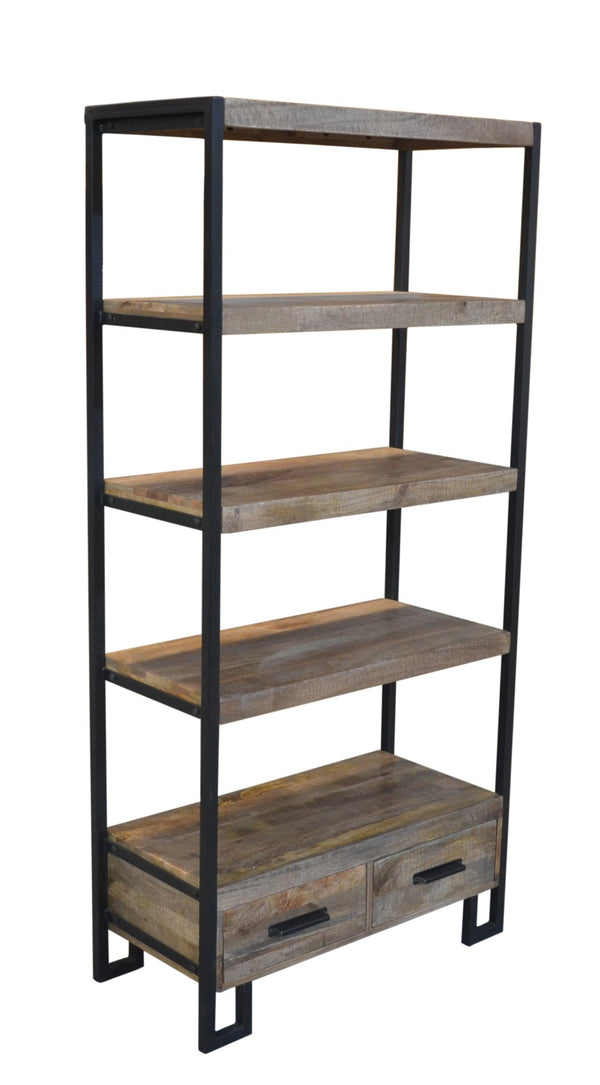 HomeRoots 71" Brown Distressed Solid Wood Etagere Bookcase - Four Tier Shelves & Two Drawers for Stylish Storage 488872
