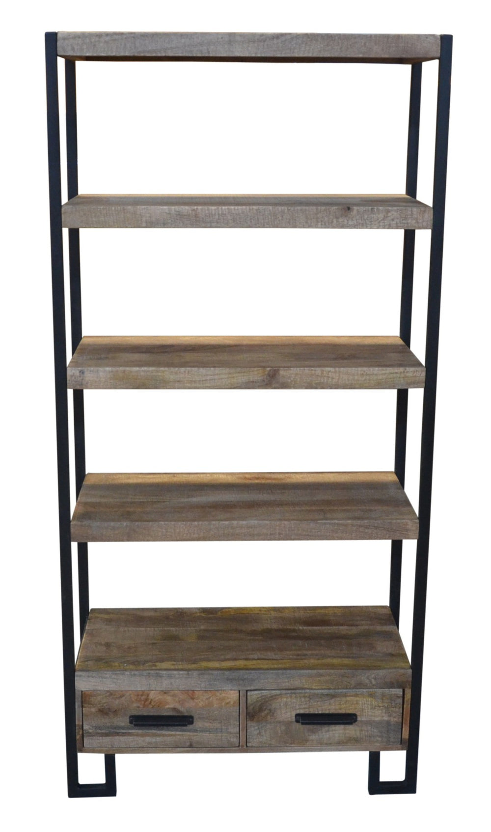 HomeRoots 71" Brown Distressed Solid Wood Etagere Bookcase - Four Tier Shelves & Two Drawers for Stylish Storage 488872