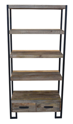 HomeRoots 71" Brown Distressed Solid Wood Etagere Bookcase - Four Tier Shelves & Two Drawers for Stylish Storage 488872