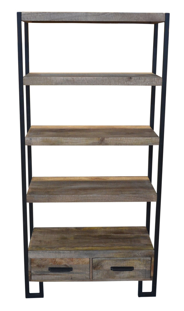 HomeRoots 71" Brown Distressed Solid Wood Etagere Bookcase - Four Tier Shelves & Two Drawers for Stylish Storage 488872