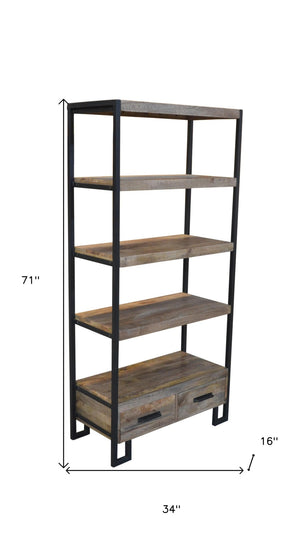 HomeRoots 71" Brown Distressed Solid Wood Etagere Bookcase - Four Tier Shelves & Two Drawers for Stylish Storage 488872