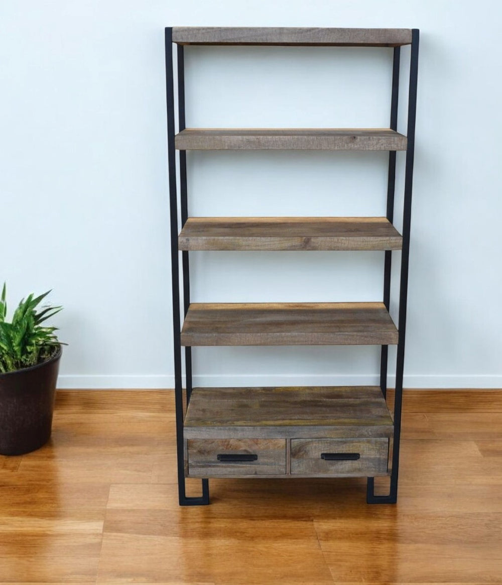 HomeRoots 71" Brown Distressed Solid Wood Etagere Bookcase - Four Tier Shelves & Two Drawers for Stylish Storage 488872