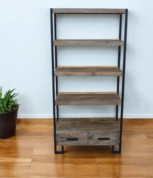 HomeRoots 71" Brown Distressed Solid Wood Etagere Bookcase - Four Tier Shelves & Two Drawers for Stylish Storage 488872