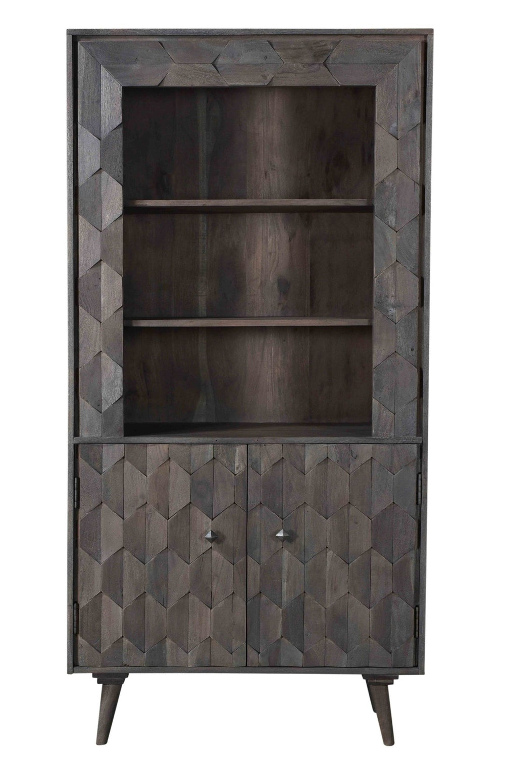 HomeRoots 70" Gray Distressed Solid Wood Bookcase – Vintage Three-Tier Storage with Hidden Doors for Clutter-Free Charm 488873