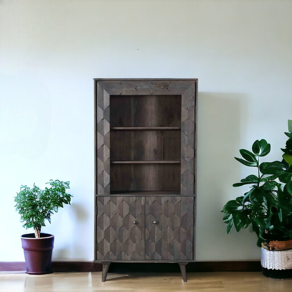 HomeRoots 70" Gray Distressed Solid Wood Bookcase – Vintage Three-Tier Storage with Hidden Doors for Clutter-Free Charm 488873