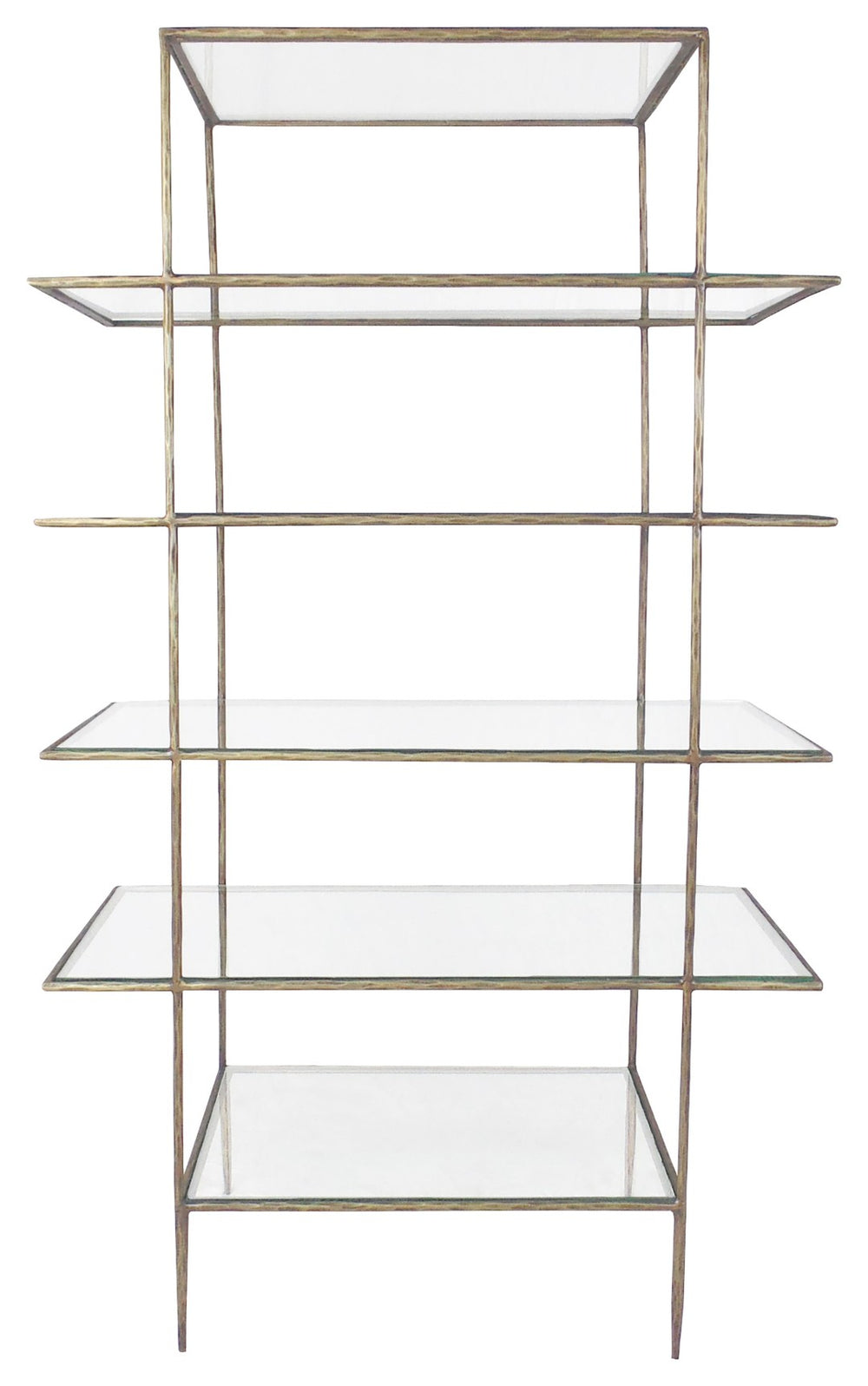 HomeRoots 59" Elegant Antiqued Gold Iron & Glass Five-Tier Etagere – Stylish Storage for Books & Décor 488874