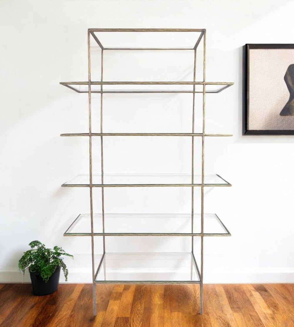 HomeRoots 59" Elegant Antiqued Gold Iron & Glass Five-Tier Etagere – Stylish Storage for Books & Décor 488874