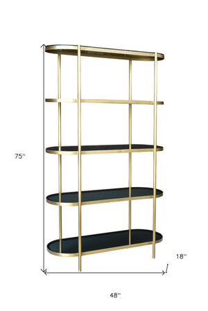 HomeRoots 75" Black and Gold Etagere Bookcase - Elegant Four-Tier Iron & Glass Design for Stylish Storage & Display 488875