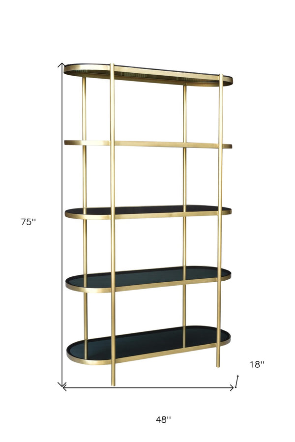 HomeRoots 75" Black and Gold Etagere Bookcase - Elegant Four-Tier Iron & Glass Design for Stylish Storage & Display 488875