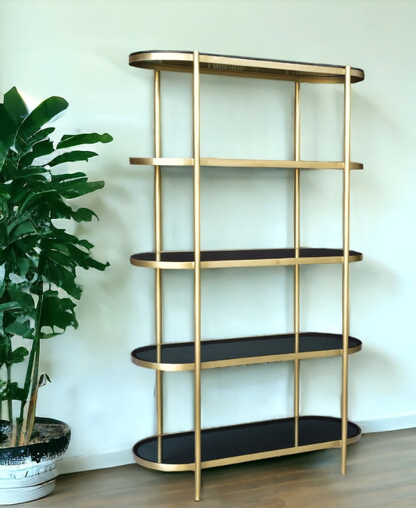HomeRoots 75" Black and Gold Etagere Bookcase - Elegant Four-Tier Iron & Glass Design for Stylish Storage & Display 488875