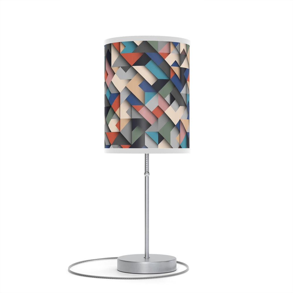 Homeroots 20" Silver Metal Table Lamp With Ivory Blue And Gray Geometric Cylinder Shade   488876