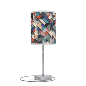 Homeroots 20" Silver Metal Table Lamp With Ivory Blue And Gray Geometric Cylinder Shade   488876