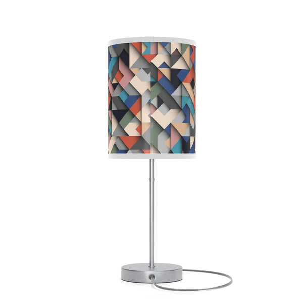 Homeroots 20" Silver Metal Table Lamp With Ivory Blue And Gray Geometric Cylinder Shade   488876