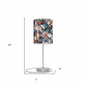 Homeroots 20" Silver Metal Table Lamp With Ivory Blue And Gray Geometric Cylinder Shade   488876