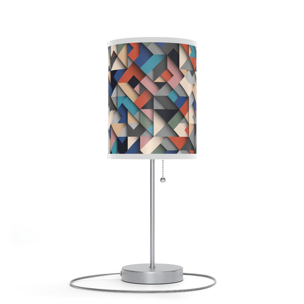 Homeroots 20" Silver Metal Table Lamp With Ivory Blue And Gray Geometric Cylinder Shade   488876