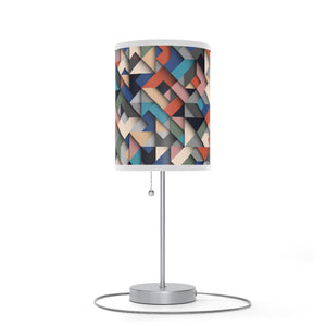 Homeroots 20" Silver Metal Table Lamp With Ivory Blue And Gray Geometric Cylinder Shade   488876