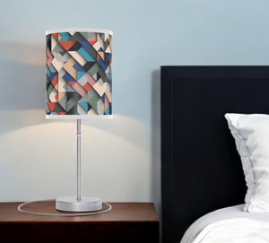 Homeroots 20" Silver Metal Table Lamp With Ivory Blue And Gray Geometric Cylinder Shade   488876