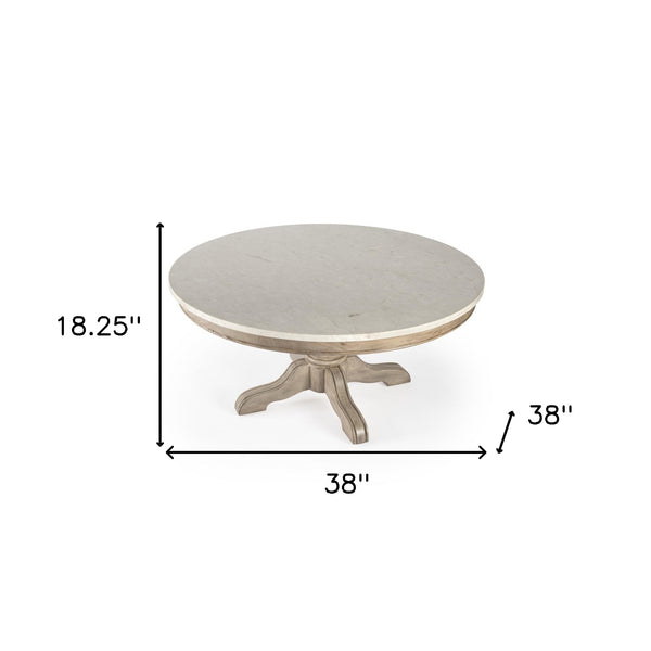 Homeroots 38" Beige And Off White Genuine Marble Round Distressed Coffee Table   488882