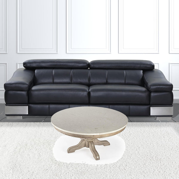 Homeroots 38" Beige And Off White Genuine Marble Round Distressed Coffee Table   488882
