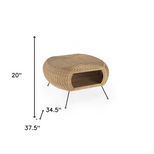 Homeroots 38" Natural And Black Rattan And Iron Oval Coffee Table With Shelf   488883