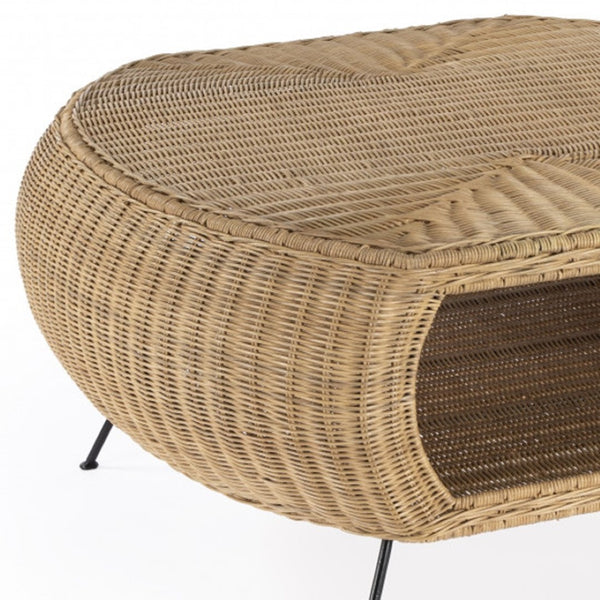 HomeRoots 38" Elegant Natural Rattan and Black Iron Oval Coffee Table with Lower Shelf for Stylish Storage 488883