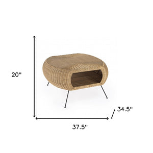 HomeRoots 38" Elegant Natural Rattan and Black Iron Oval Coffee Table with Lower Shelf for Stylish Storage 488883