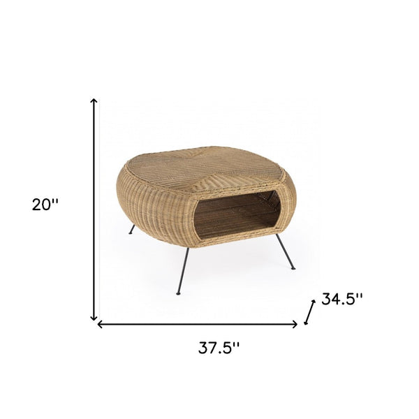HomeRoots 38" Elegant Natural Rattan and Black Iron Oval Coffee Table with Lower Shelf for Stylish Storage 488883