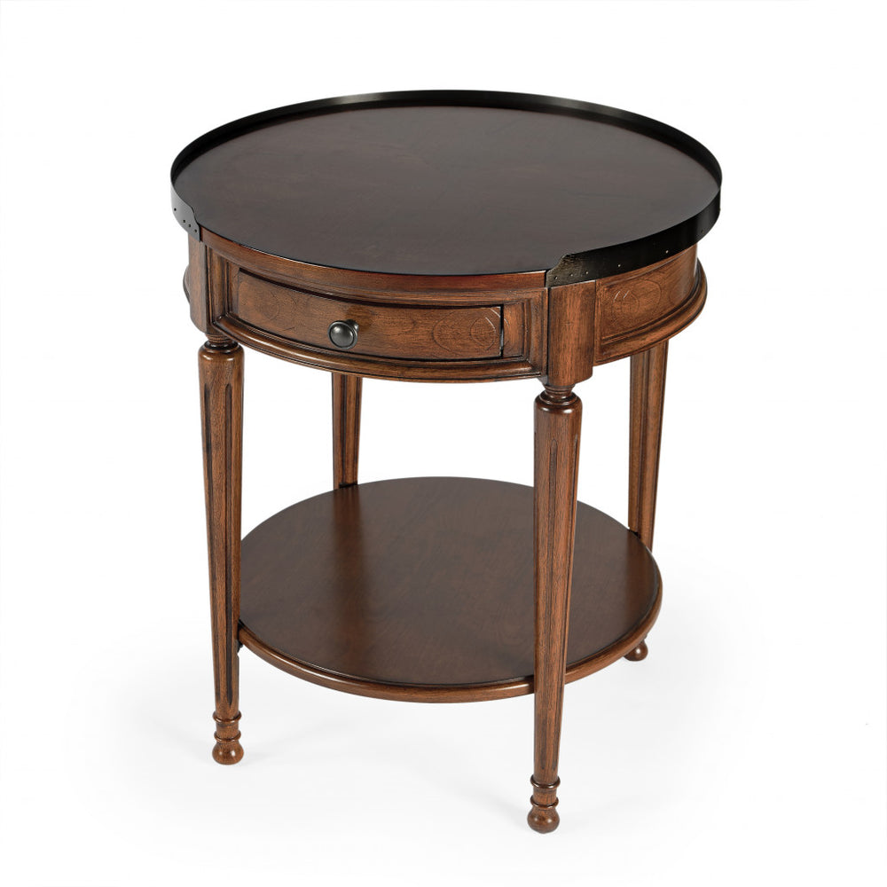 Homeroots 26" Medium Brown Manufactured Wood Round End Table With Drawer And Shelf   488896