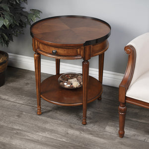 Homeroots 26" Medium Brown Manufactured Wood Round End Table With Drawer And Shelf   488896