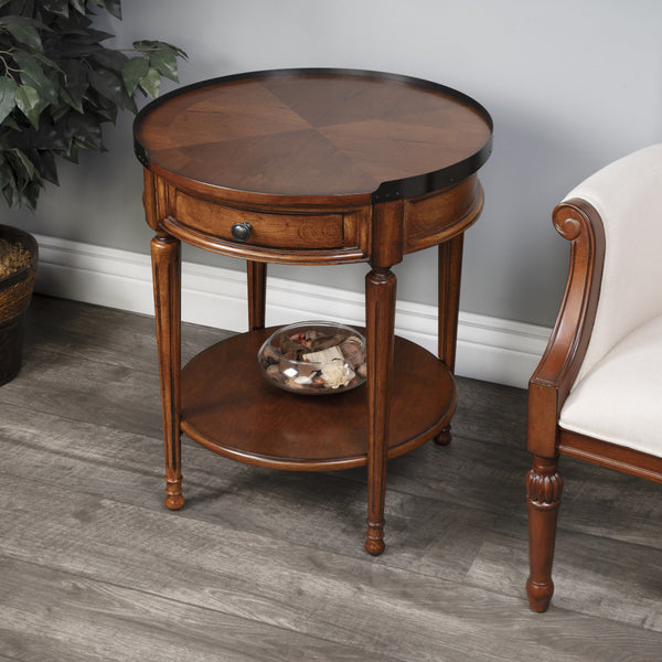 Homeroots 26" Medium Brown Manufactured Wood Round End Table With Drawer And Shelf   488896