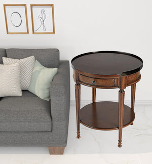 Homeroots 26" Medium Brown Manufactured Wood Round End Table With Drawer And Shelf   488896